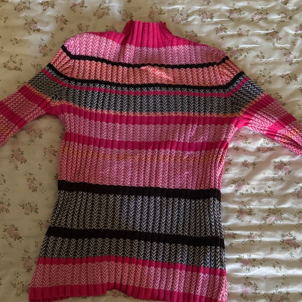 Women's Pink Striped Ribbed Turtleneck Sweater